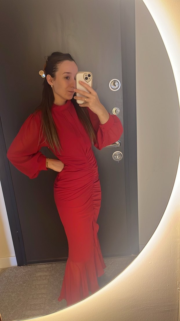 Uzun Kollu Kırmızı Midi Elbise - Görsel 2