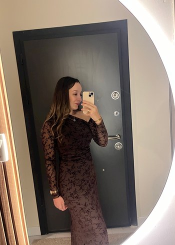 Uzun Kollu V Yaka Kahverengi Midi Elbise - Görsel 3