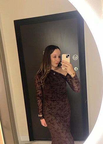 Uzun Kollu V Yaka Kahverengi Midi Elbise - Görsel 2