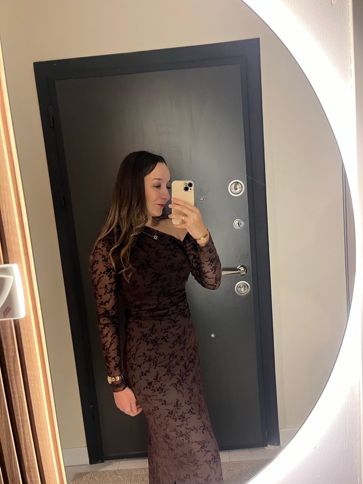 Uzun Kollu V Yaka Kahverengi Midi Elbise - Görsel 3