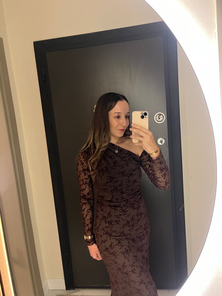 Uzun Kollu V Yaka Kahverengi Midi Elbise - Görsel 2