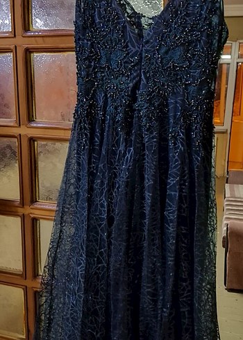 Turkuaz İşlemeli Straplez Uzun Abiye Elbise - Görsel 4