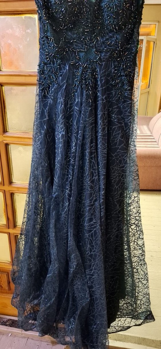 Turkuaz İşlemeli Straplez Uzun Abiye Elbise - Görsel 3