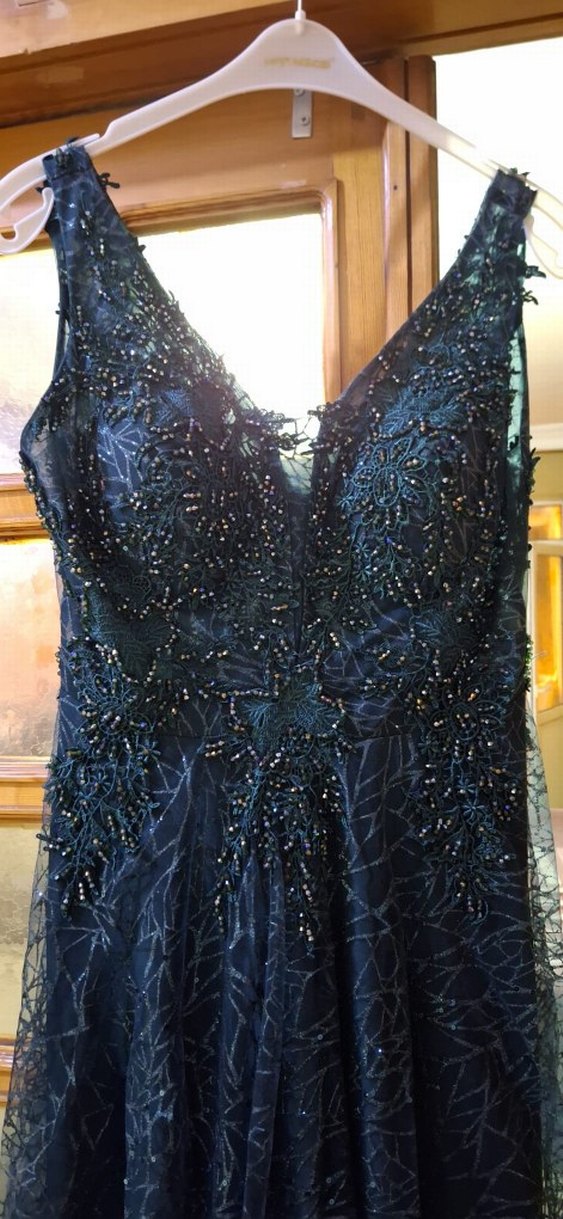 Turkuaz İşlemeli Straplez Uzun Abiye Elbise - Görsel 2