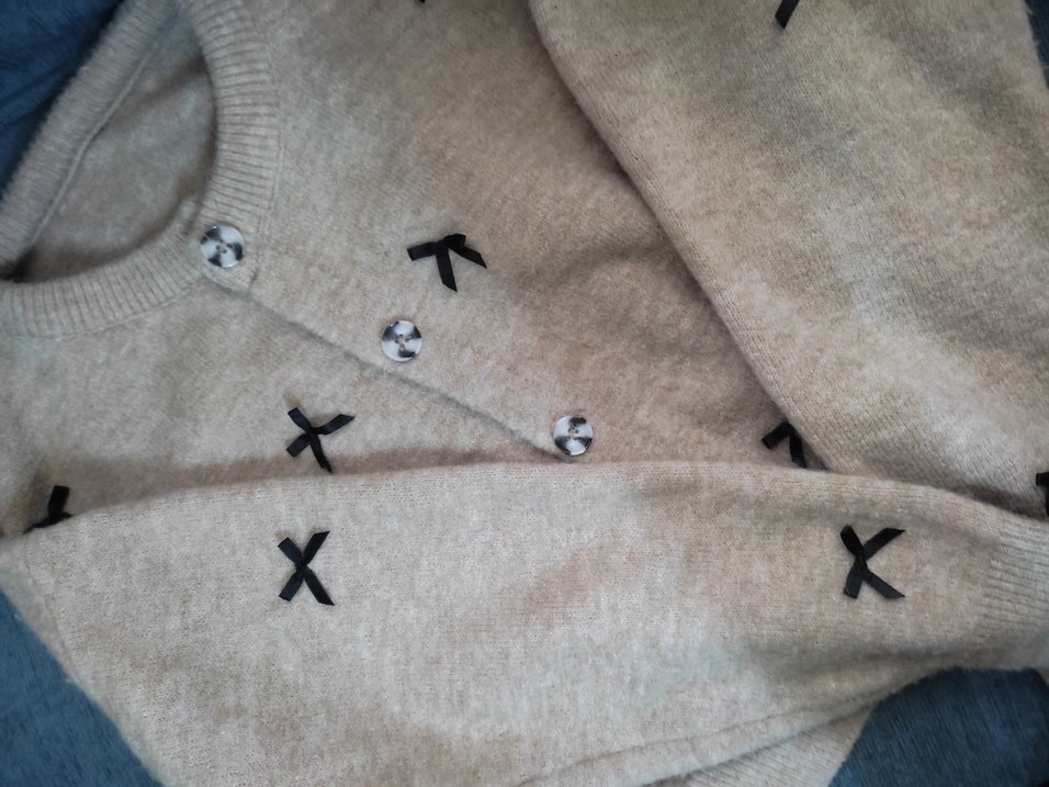 Bej Nakışlı Düğmeli kurdeleli Hırka - Görsel 4