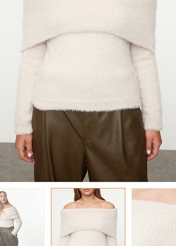 Kadın Bej Tüy Detaylı Kayık Yaka Kazak - Görsel 2