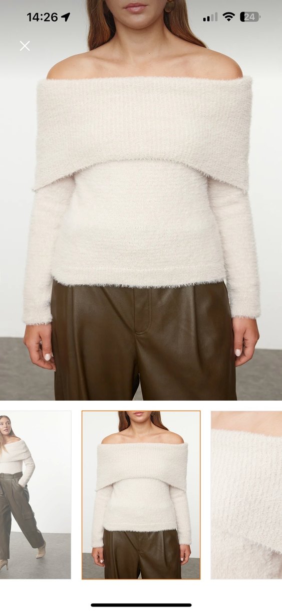 Kadın Bej Tüy Detaylı Kayık Yaka Kazak - Görsel 2