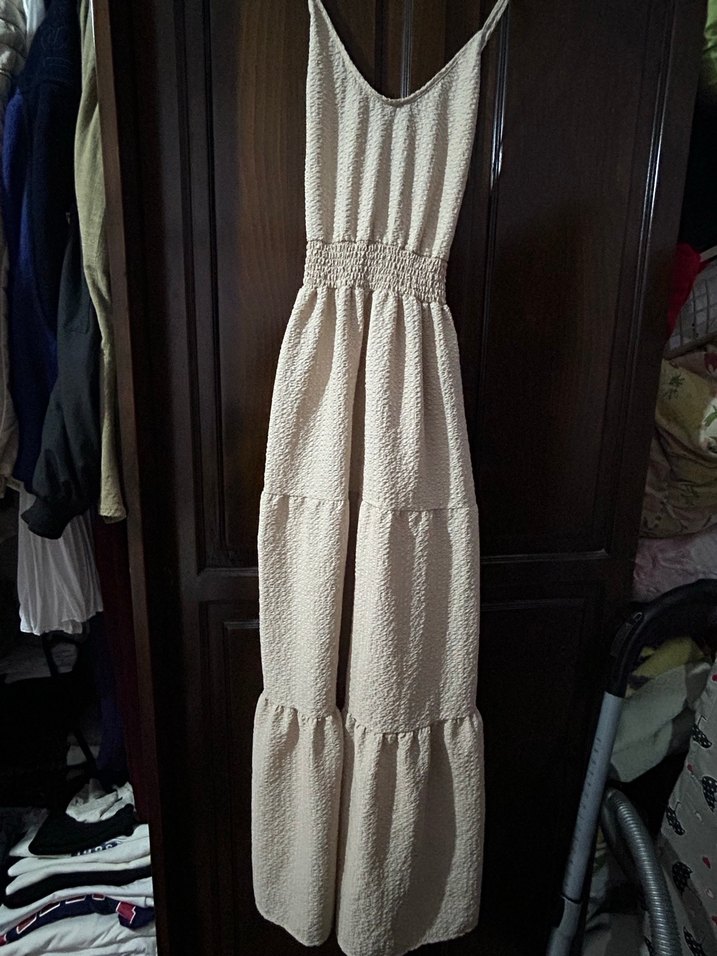 Bej V Yaka Uzun Keten Elbise - Görsel 2