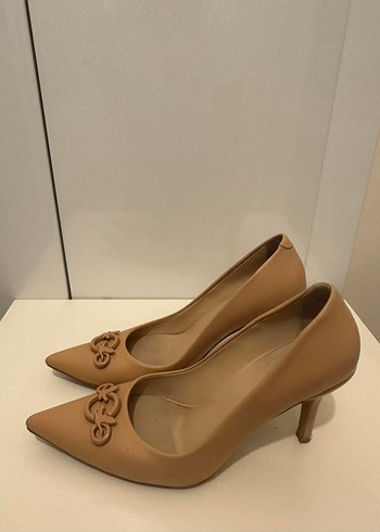 38 Beden Bej Deri Tokalı Stiletto Kadın Ayakkabı
