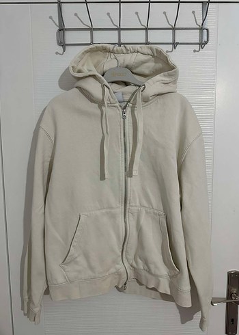 Beyaz Kapüşonlu Fermuarlı Kadın Sweatshirt