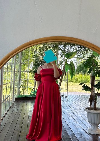 Balon kol kırmızı saten abiye - Görsel 3