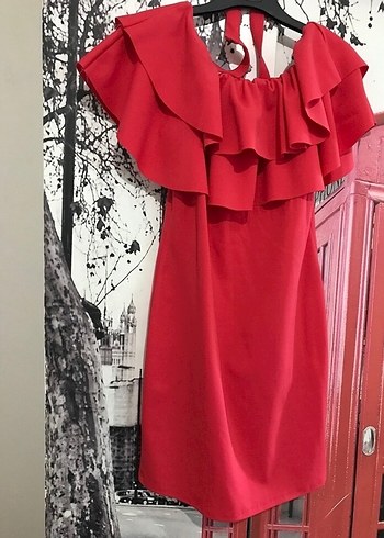 Kırmızı Fırfırlı Mini Abiye Elbise - Görsel 2