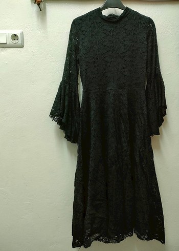 Diğer Dantel Detaylı Siyah Uzun Gotik Elbise