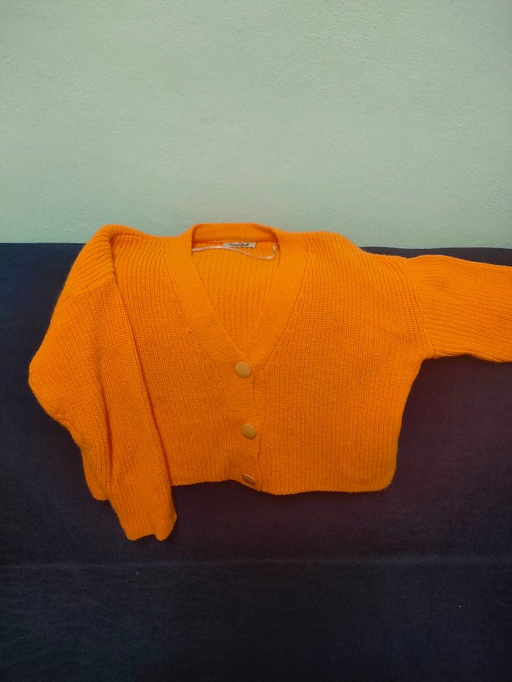 Turuncu Örgü V Yaka Salaş Hırka - Görsel 2