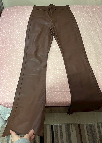 BerskhaKahverengi Deri İspanyol Paça Kadın Pantolon - Görsel 3
