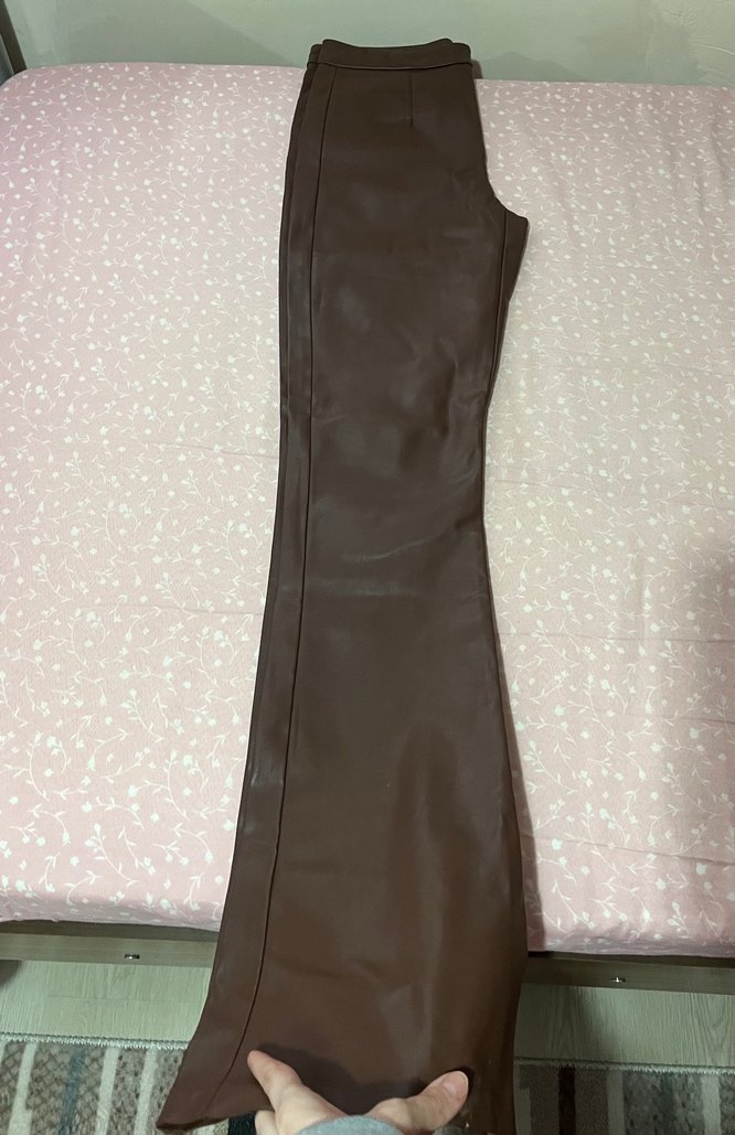 BerskhaKahverengi Deri İspanyol Paça Kadın Pantolon - Görsel 4