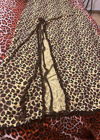 Kahverengi Leopar Desenli Uzun Bohem Elbise - Görsel 3