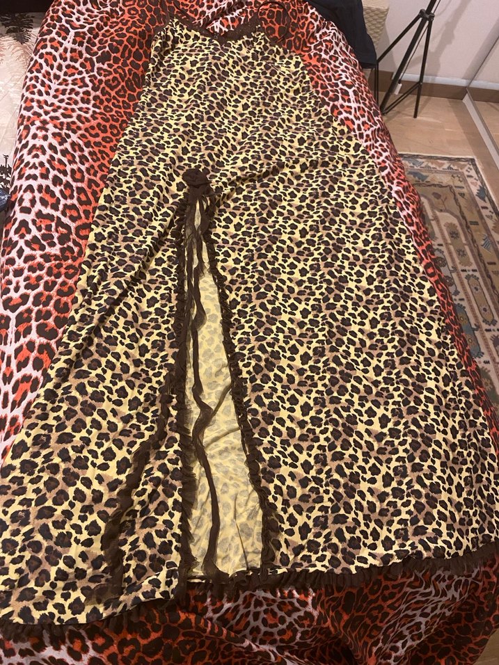 Kahverengi Leopar Desenli Uzun Bohem Elbise - Görsel 2