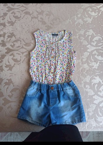 Kız Çocuk Mavi Denim Şort Tulum