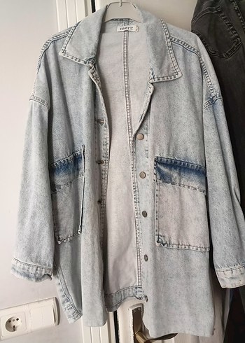 Diğer Gri Bağlamalı Desenli Düğmeli Kadın Denim Ceket
