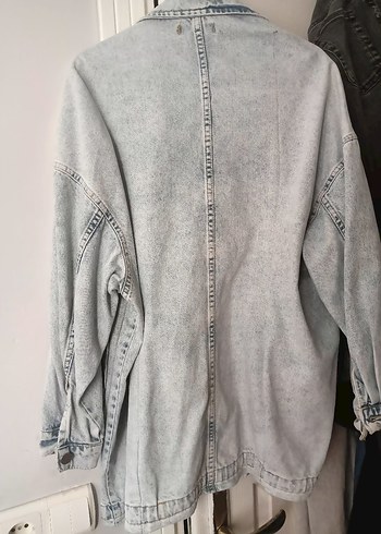m Beden Gri Bağlamalı Desenli Düğmeli Kadın Denim Ceket