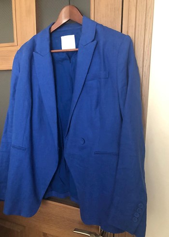 Mango Düğmeli Mavi Kadın Keten Blazer Ceket