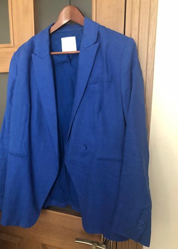 Mango Mango Düğmeli Mavi Kadın Keten Blazer Ceket