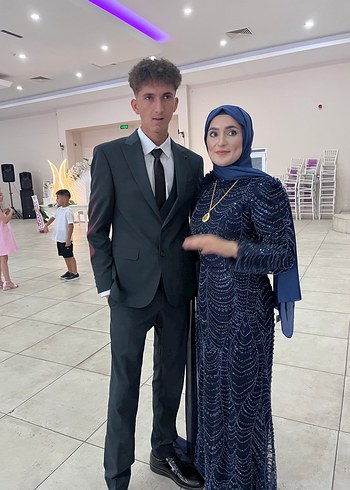 Abiye Boncuk İşlemeli Uzun Kollu Siyah Tesettür Elbise