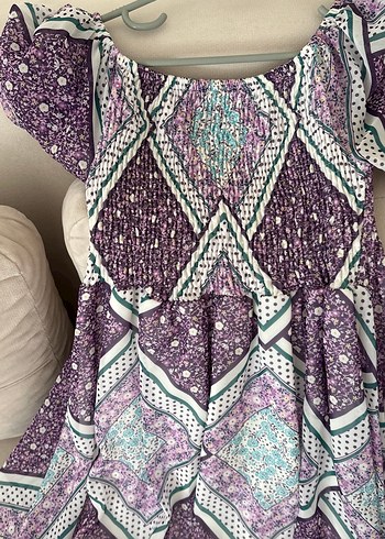 Bohem Mor Uzun Elbise, Salaş Kesim, Kısa Kollu - Görsel 2