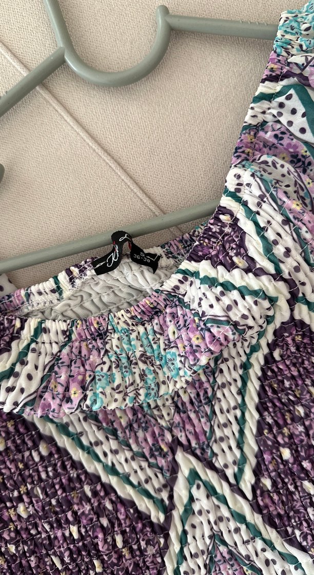 Bohem Mor Uzun Elbise, Salaş Kesim, Kısa Kollu - Görsel 3