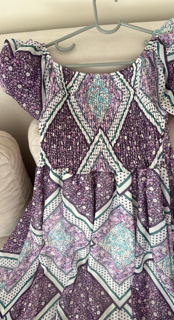 Bohem Mor Uzun Elbise, Salaş Kesim, Kısa Kollu - Görsel 2