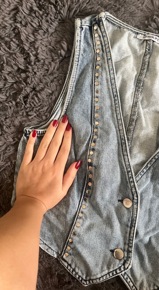 Mavi denim kadın yelek - Görsel 4