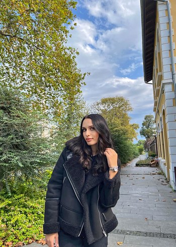 Siyah Süet Kürk Detaylı Biker Mont - Görsel 2