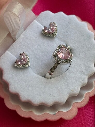 Heart yüzük küpe set silver pembe
