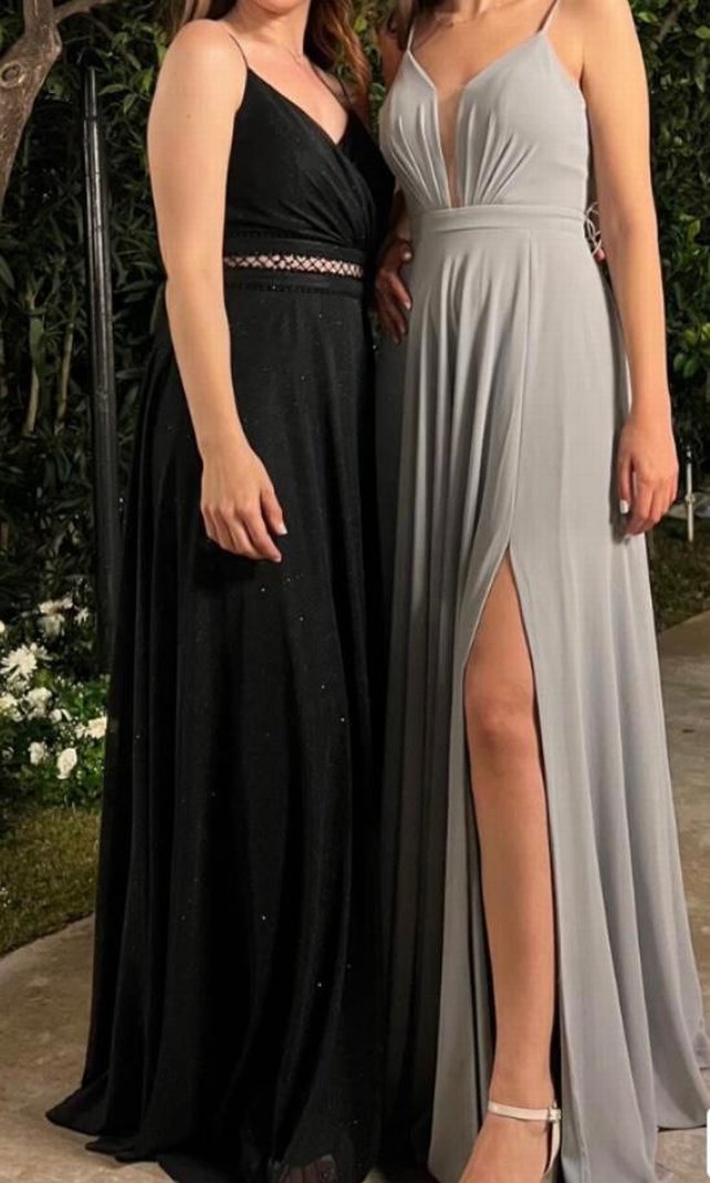 Gri Uzun Drapeli İnce Askılı Elbise - Görsel 4