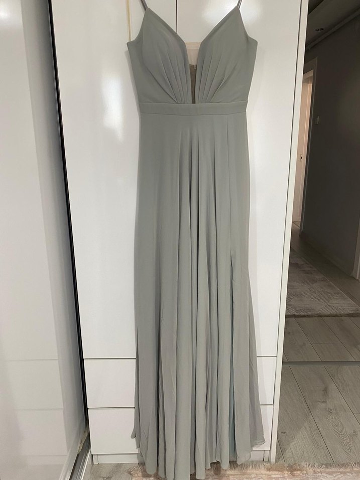 Gri Uzun Drapeli İnce Askılı Elbise - Görsel 2