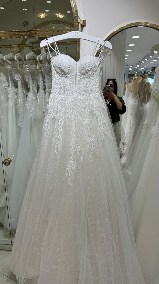 boncuk askılı dantel detaylı A Kesim Uzun Gelinlik - Görsel 2