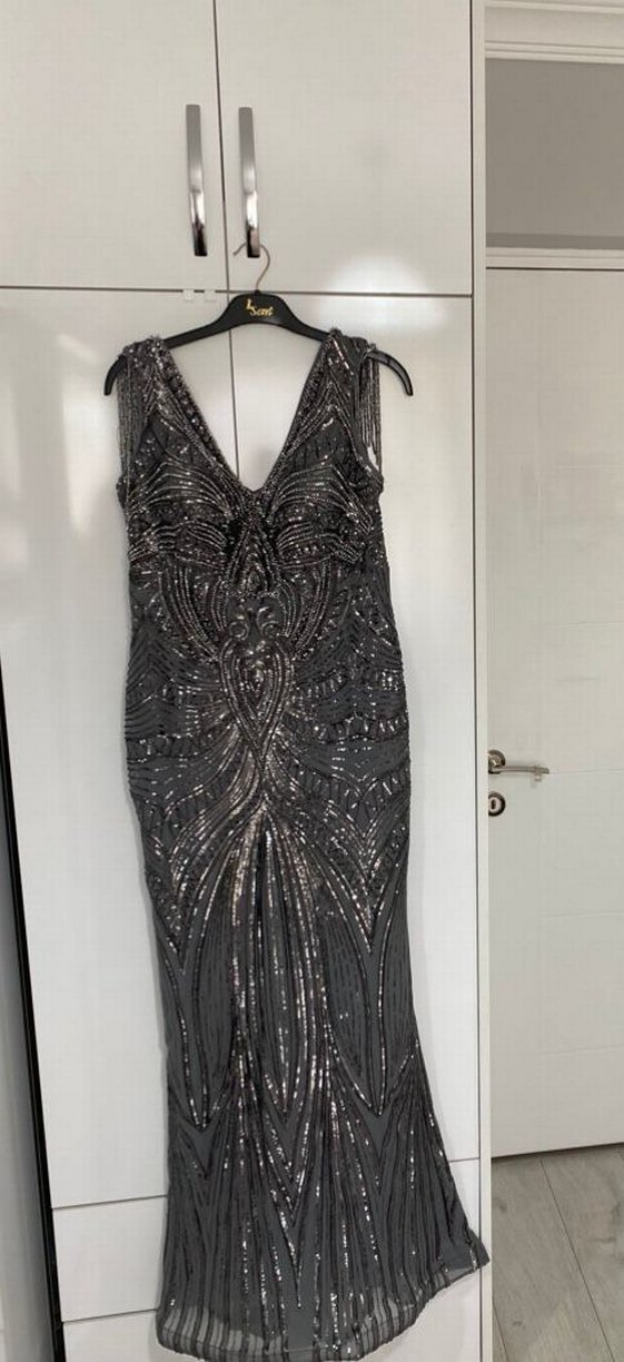 Boncuk İşlemeli Gri Uzun Abiye Elbise - Görsel 3