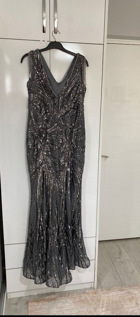 Boncuk İşlemeli Gri Uzun Abiye Elbise - Görsel 2