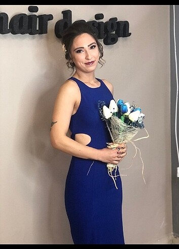 Saks mavisi balık hafif dekolteli abiye elbise - Görsel 3