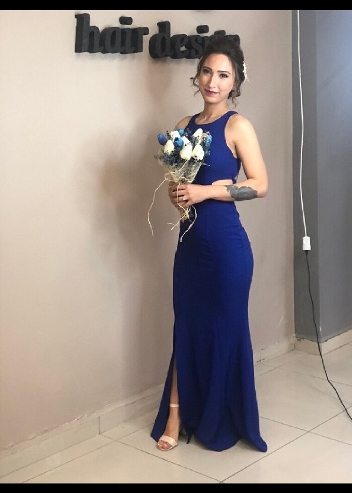 Saks mavisi balık hafif dekolteli abiye elbise - Görsel 2