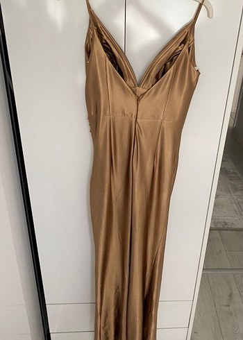 Drapeli Parlak Camel Uzun Abiye Nişan Elbise - Görsel 5