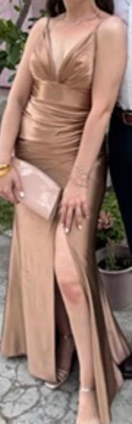 Drapeli Parlak Camel Uzun Abiye Nişan Elbise - Görsel 3