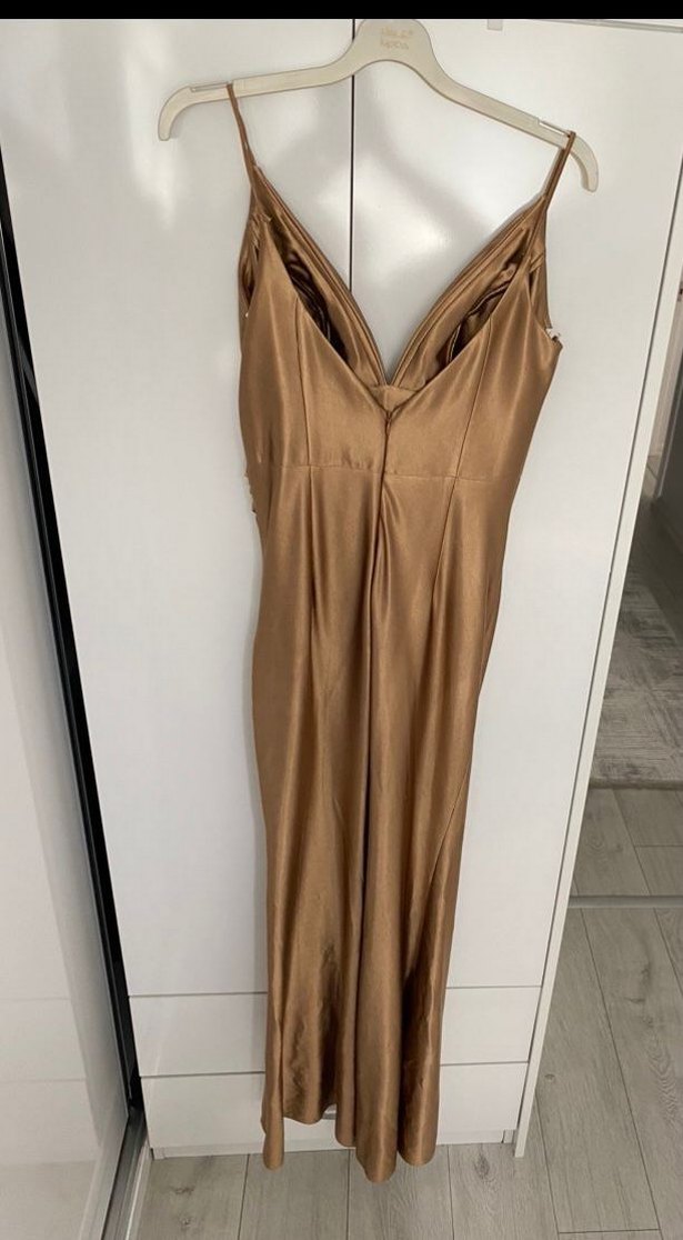 Drapeli Parlak Camel Uzun Abiye Nişan Elbise - Görsel 5