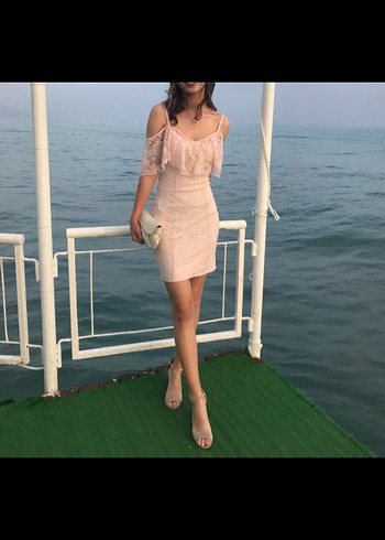Pudra Pembe Dantel Mini Abiye Elbise