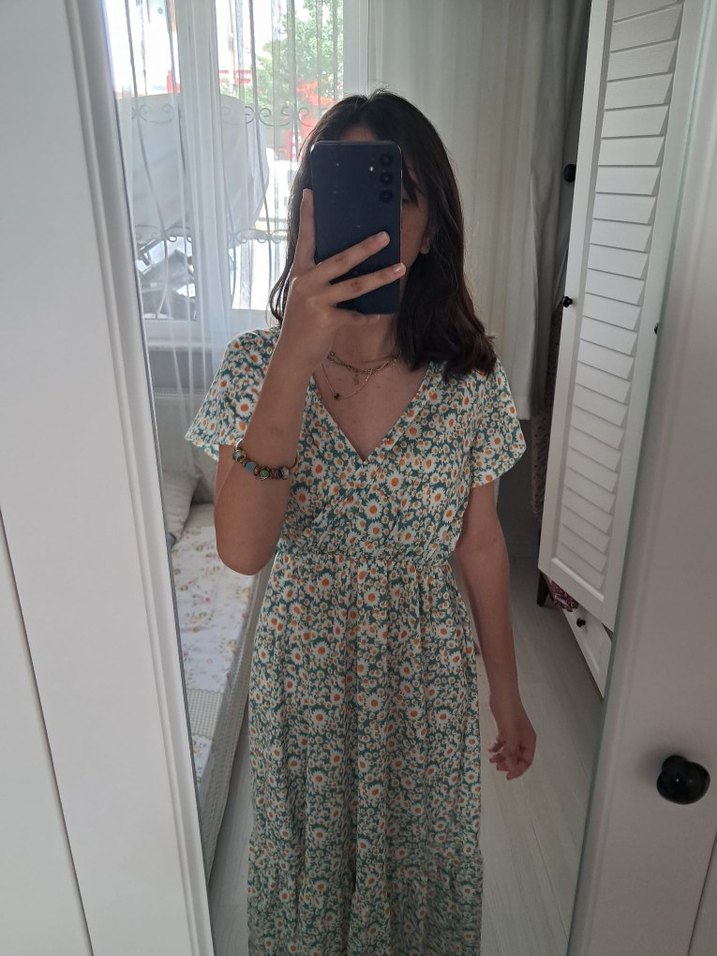 Turkuaz V Yaka Bohem Uzun Elbise - Görsel 2