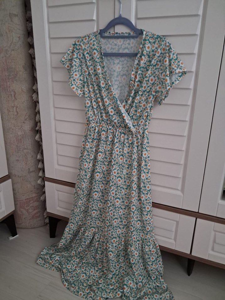 Turkuaz V Yaka Bohem Uzun Elbise - Görsel 3