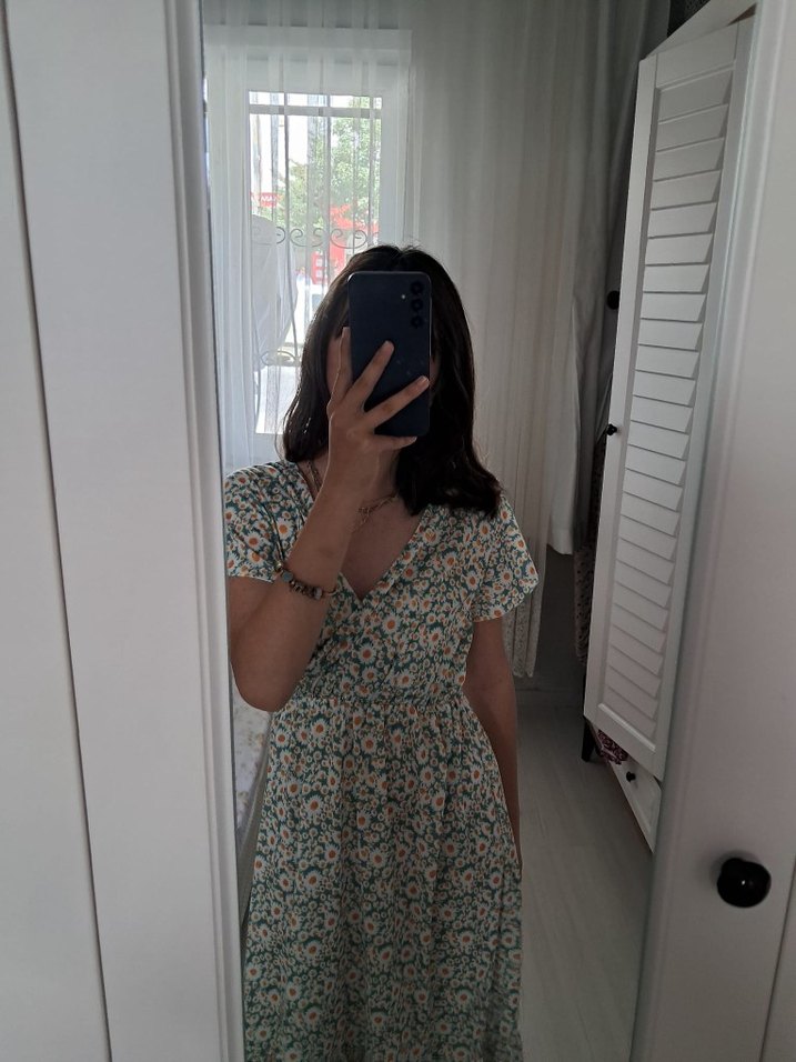 Turkuaz V Yaka Bohem Uzun Elbise - Görsel 4