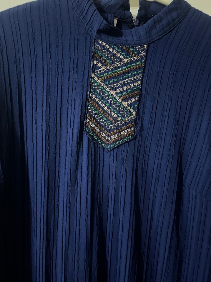 Mavi Nakışlı Piliseli Uzun Bohem Elbise - Görsel 3