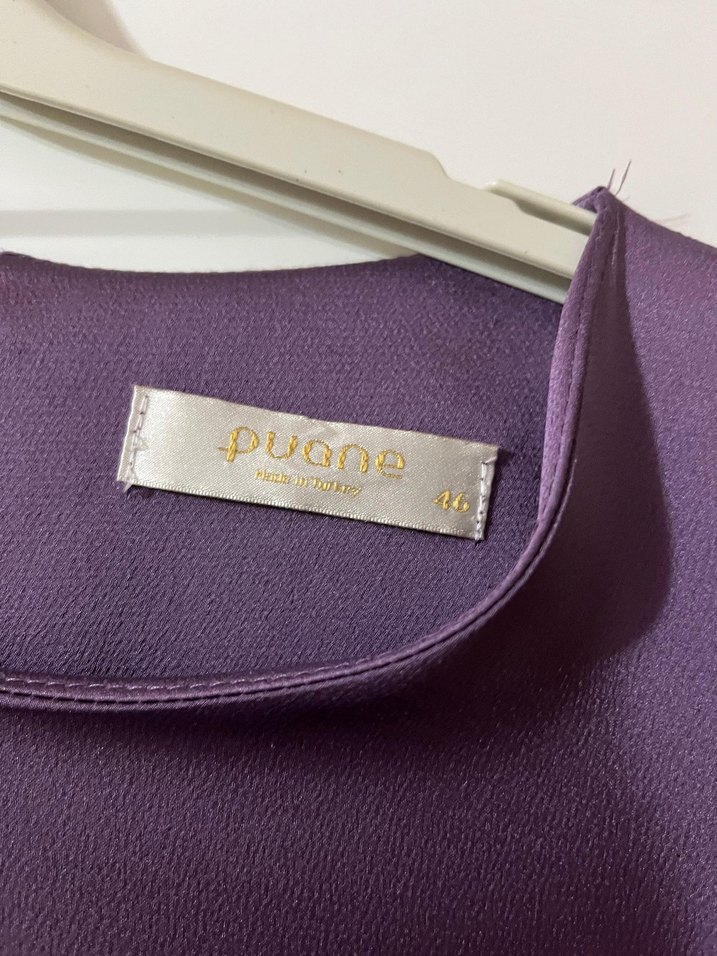 Mor Uzun Kollu Saten Tesettür Abiye - Görsel 3